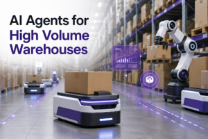 AI-powered robots and autonomous mobile units moving inventory inside a high-volume warehouse