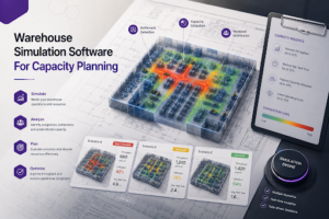 Digital twin warehouse simulation platform visualizing capacity utilization, congestion hotspots, and scenario-based planning
