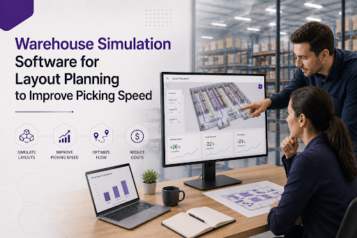 Warehouse simulation dashboard optimizing layouts and picking speed