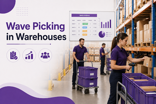 Wave picking warehouse with automation, conveyors, and analytics