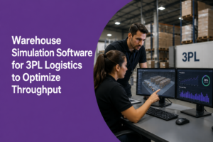 High-tech warehouse robots, workers, live dashboard ops data