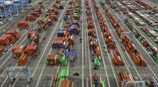 Aerial shot of large shipping containers area