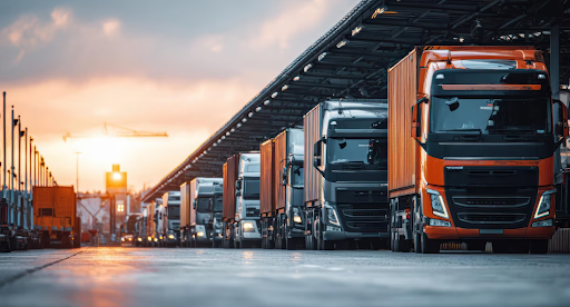 Commercial trucks lining up at a logistics hub