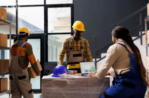 Warehouse managers checking order information