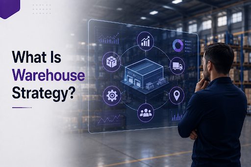 Warehouse strategy infographic with modern warehouse operations