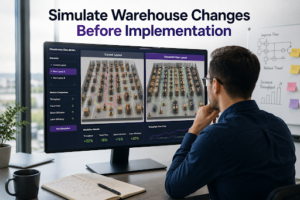 A professional using warehouse simulation software to compare layout scenarios