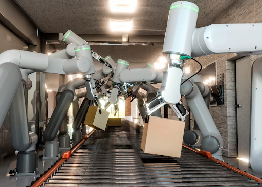 Robotic arms sorting cardboard boxes on a conveyor system