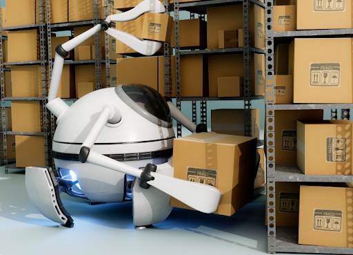 Warehouse biorobots picking boxes from the shelf