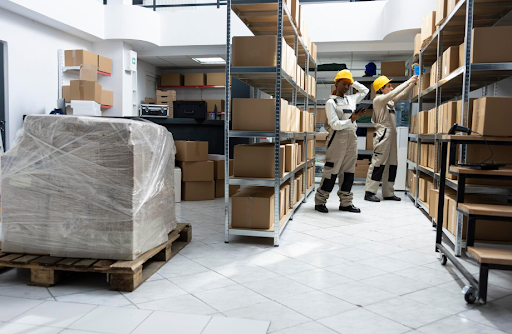 Warehouse workers scanning inventory and replenishing boxes