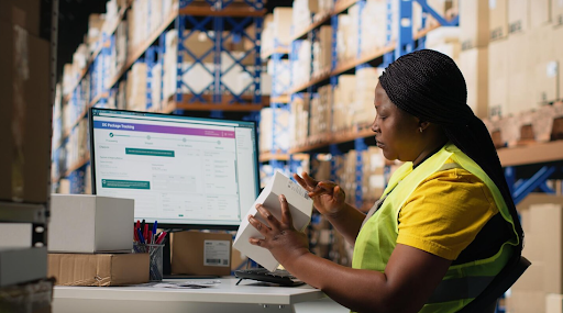 Woman staff managing package labeling