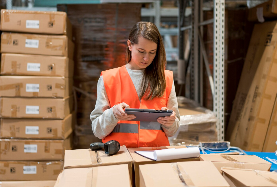 Warehouse worker using a tablet to verify inventory