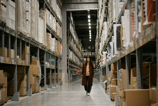 Organized storage aisles and inventory in a warehouse