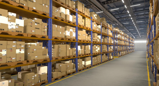 Warehouse housing multiple containers on shelves